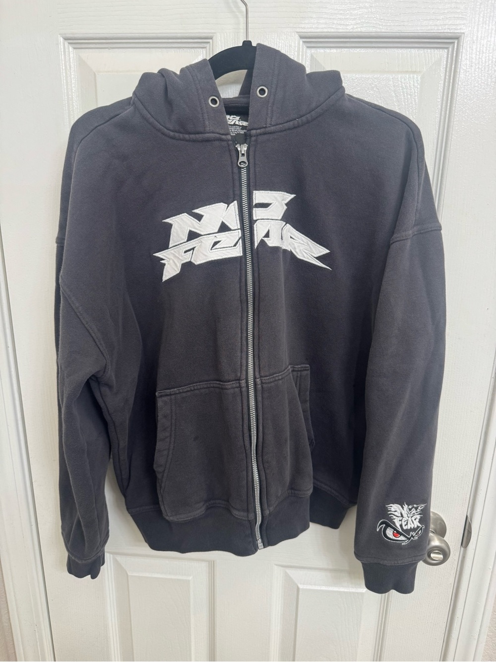 Vintage No Fear Zip Up Hoodie Boxy Fit Size M Y2K With Eye Logo On Sleeve